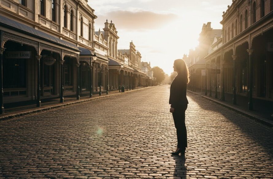 A dramatic and emotionally resonant Clunes Victoria fine art photography portraits shot featuring a subject silhouetted against the golden hour light, framed by Clunes' historic streetscape, evoking a sense of timeless beauty and contemplative elegance.