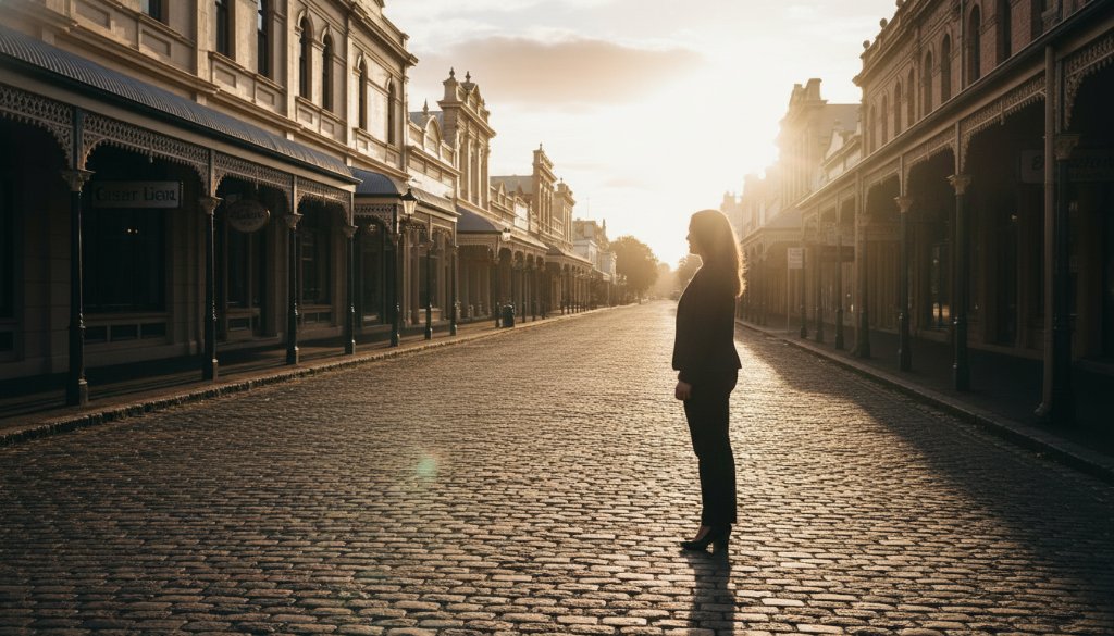 A dramatic and emotionally resonant Clunes Victoria fine art photography portraits shot featuring a subject silhouetted against the golden hour light, framed by Clunes' historic streetscape, evoking a sense of timeless beauty and contemplative elegance.