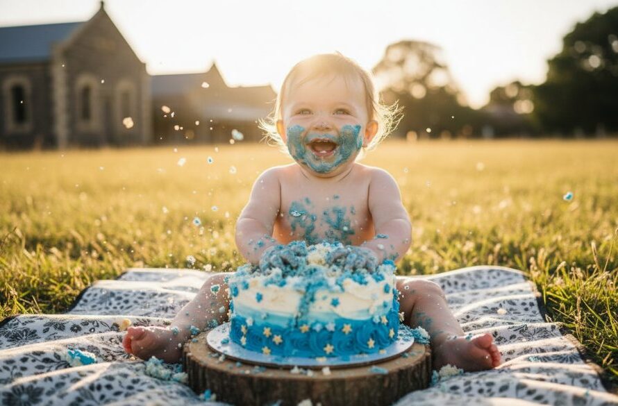 A wide-angle, vibrant photograph capturing a baby joyfully smashing a cake outdoors in Clunes, Victoria, during their first birthday cake smash photography session, with confetti and icing flying, bathed in golden hour light.