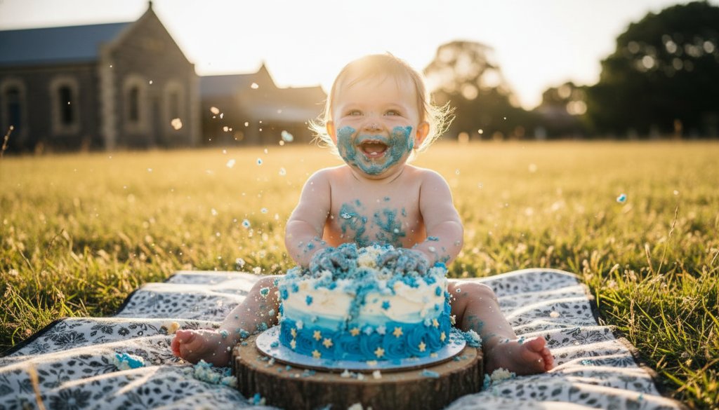 A wide-angle, vibrant photograph capturing a baby joyfully smashing a cake outdoors in Clunes, Victoria, during their first birthday cake smash photography session, with confetti and icing flying, bathed in golden hour light.