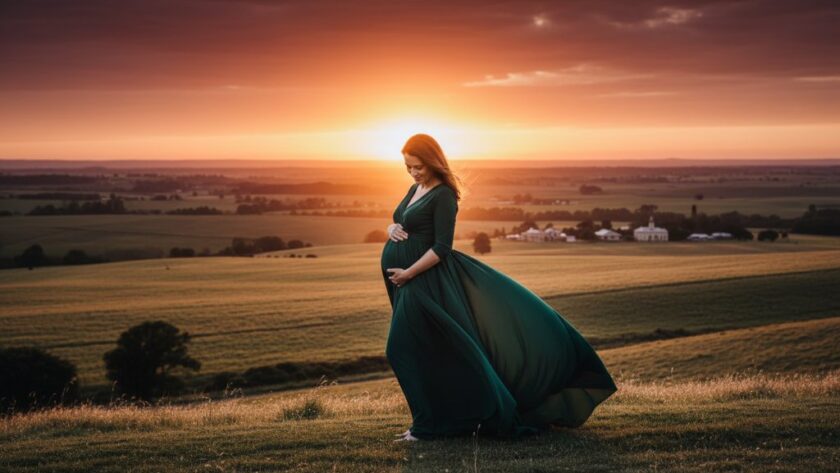 An expectant mother, in an elegant flowing gown, stands silhouetted against a breathtaking Clunes Victoria golden hour maternity photoshoot sunset, with rolling hills and historic architecture in the background, exuding serene beauty and strength, captured with dramatic lighting and professional colour grading.