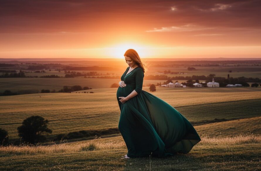 An expectant mother, in an elegant flowing gown, stands silhouetted against a breathtaking Clunes Victoria golden hour maternity photoshoot sunset, with rolling hills and historic architecture in the background, exuding serene beauty and strength, captured with dramatic lighting and professional colour grading.