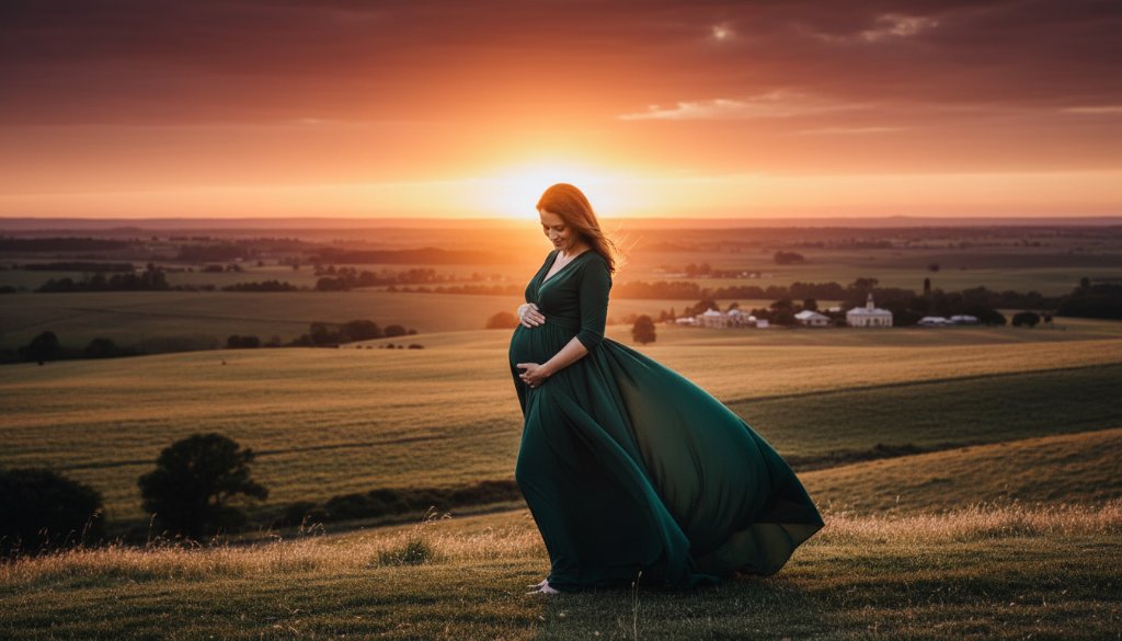 An expectant mother, in an elegant flowing gown, stands silhouetted against a breathtaking Clunes Victoria golden hour maternity photoshoot sunset, with rolling hills and historic architecture in the background, exuding serene beauty and strength, captured with dramatic lighting and professional colour grading.