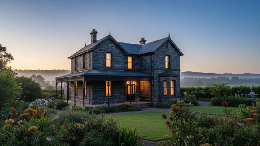 Dramatic evening shot of a grand, Victorian-era heritage home in Clunes, Victoria, illuminated with warm interior lights and a stunning twilight sky, showcasing expert real estate photography designed to highlight its unique architectural beauty and evoke a sense of timeless elegance, demonstrating Clunes Victoria heritage home real estate photography expertise.