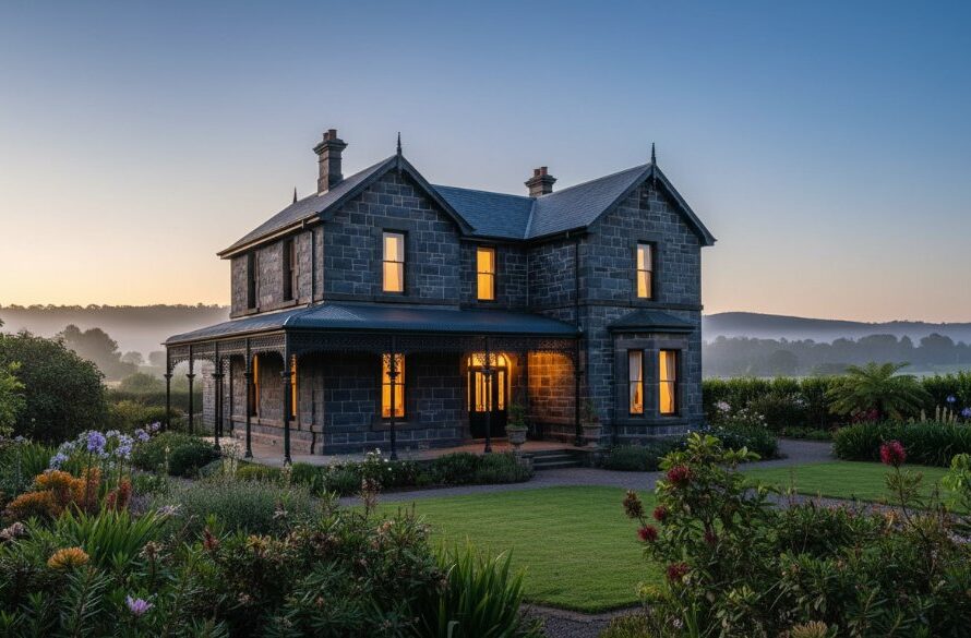 Dramatic evening shot of a grand, Victorian-era heritage home in Clunes, Victoria, illuminated with warm interior lights and a stunning twilight sky, showcasing expert real estate photography designed to highlight its unique architectural beauty and evoke a sense of timeless elegance, demonstrating Clunes Victoria heritage home real estate photography expertise.