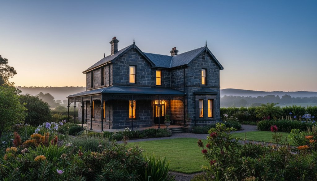Dramatic evening shot of a grand, Victorian-era heritage home in Clunes, Victoria, illuminated with warm interior lights and a stunning twilight sky, showcasing expert real estate photography designed to highlight its unique architectural beauty and evoke a sense of timeless elegance, demonstrating Clunes Victoria heritage home real estate photography expertise.