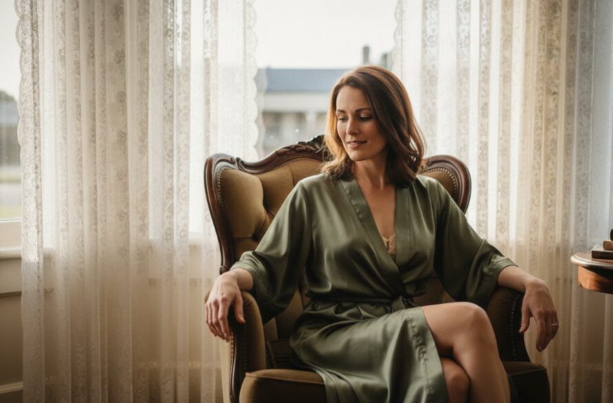 A stunning, cinematic 'epic moment' photograph capturing a woman in an elegant, flowing robe, silhouetted against the soft morning light filtering through the vintage lace curtains of a historic Clunes Victorian guesthouse, embodying a transformative Clunes Victoria intimate boudoir photography experience.