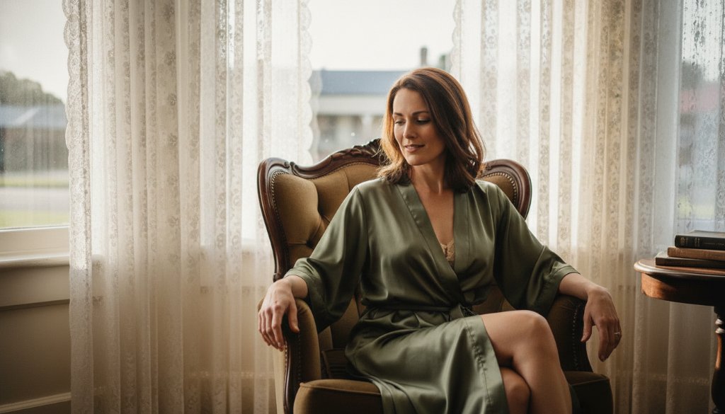 A stunning, cinematic 'epic moment' photograph capturing a woman in an elegant, flowing robe, silhouetted against the soft morning light filtering through the vintage lace curtains of a historic Clunes Victorian guesthouse, embodying a transformative Clunes Victoria intimate boudoir photography experience.