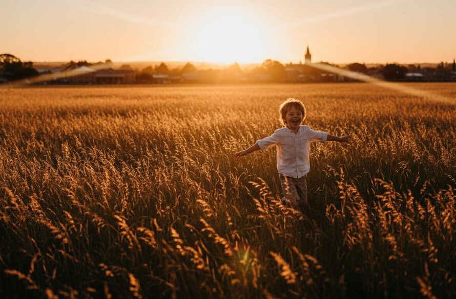 Clunes Victoria kids photography adventure featuring a joyful child running through an golden autumn field at sunset near Clunes, Victoria, their silhouette highlighted against the dramatic sky and historic town features in the soft focus background. Professional, color-graded, cinematic.