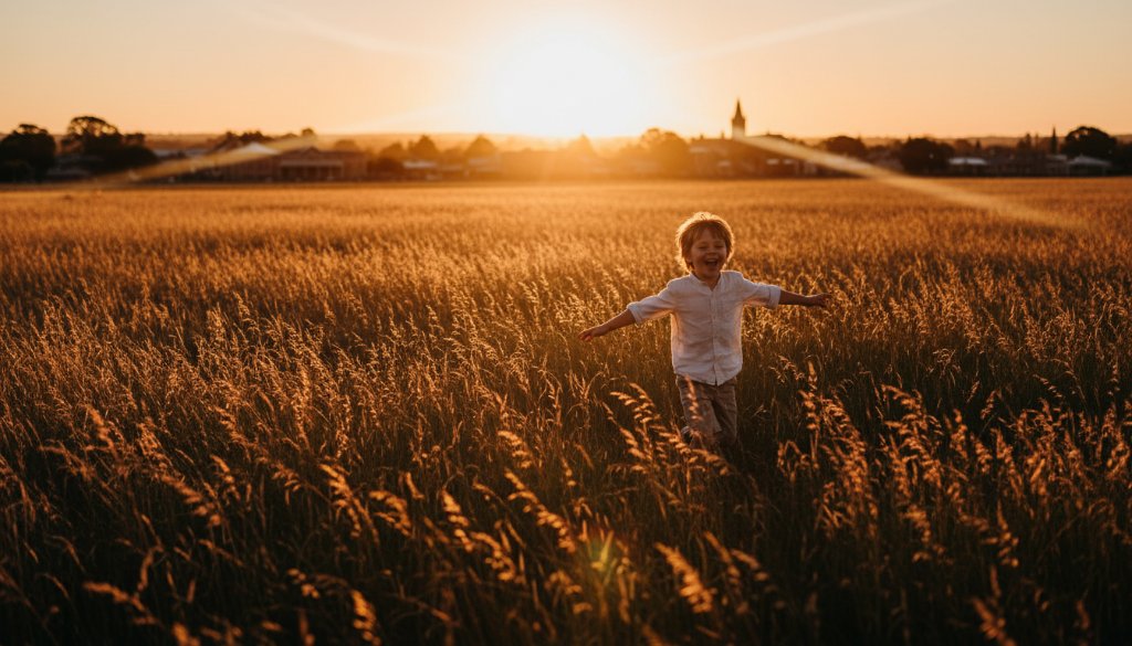 Clunes Victoria kids photography adventure featuring a joyful child running through an golden autumn field at sunset near Clunes, Victoria, their silhouette highlighted against the dramatic sky and historic town features in the soft focus background. Professional, color-graded, cinematic.