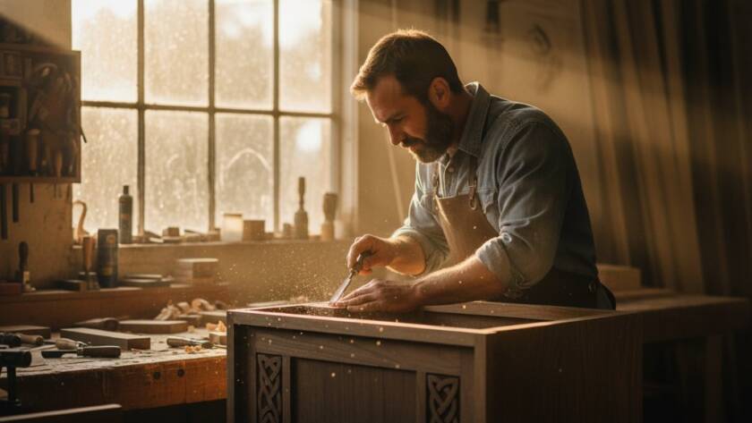 Dynamic and cinematic shot of a modern artisan in a workshop in Clyde, Victoria, meticulously crafting a product, highlighted by dramatic natural light streaming through a window, perfectly illustrating the essence of Clyde commercial photography for local businesses. The scene captures an epic moment of focused creation, showcasing quality and dedication.