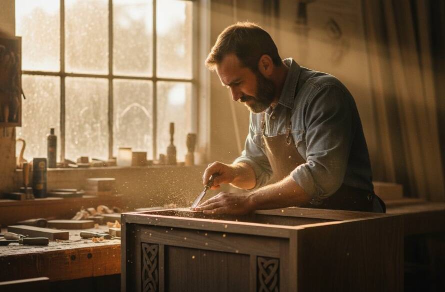 Dynamic and cinematic shot of a modern artisan in a workshop in Clyde, Victoria, meticulously crafting a product, highlighted by dramatic natural light streaming through a window, perfectly illustrating the essence of Clyde commercial photography for local businesses. The scene captures an epic moment of focused creation, showcasing quality and dedication.