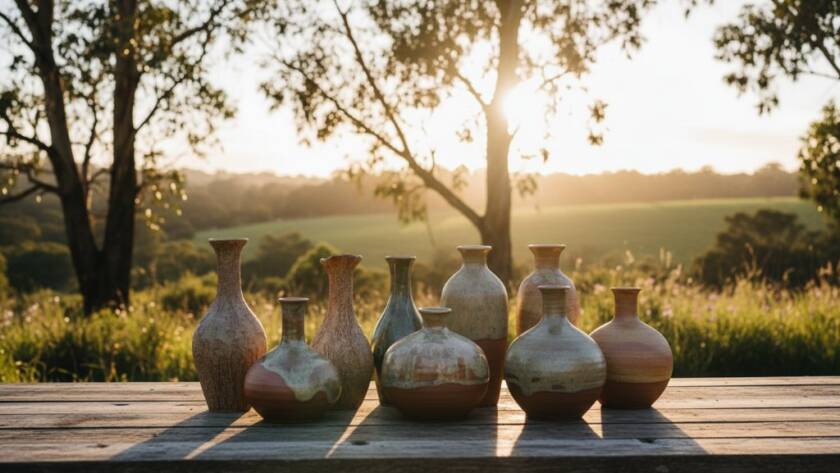 Epic moment: A dramatically lit, high-angle shot showcasing intricately crafted artisanal ceramic products on a rustic timber display against a softly blurred, natural Australian bushland backdrop in Clyde North, emphasizing the unique Clyde North artisanal product photography storytelling quality.