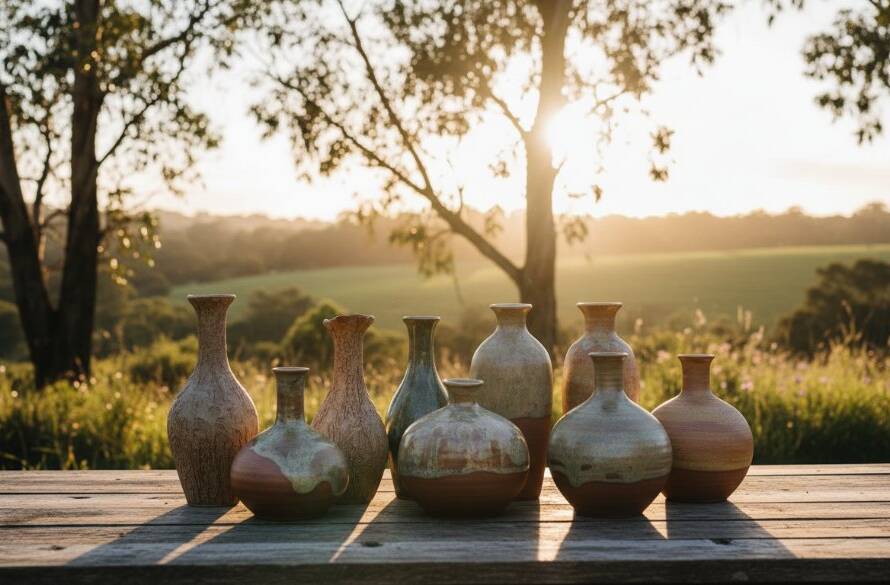 Epic moment: A dramatically lit, high-angle shot showcasing intricately crafted artisanal ceramic products on a rustic timber display against a softly blurred, natural Australian bushland backdrop in Clyde North, emphasizing the unique Clyde North artisanal product photography storytelling quality.