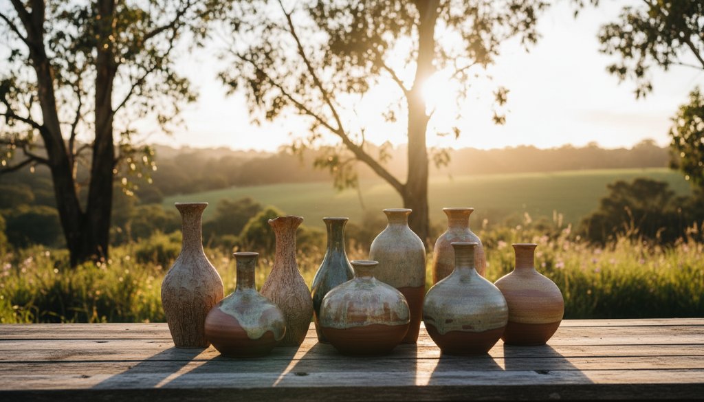 Epic moment: A dramatically lit, high-angle shot showcasing intricately crafted artisanal ceramic products on a rustic timber display against a softly blurred, natural Australian bushland backdrop in Clyde North, emphasizing the unique Clyde North artisanal product photography storytelling quality.