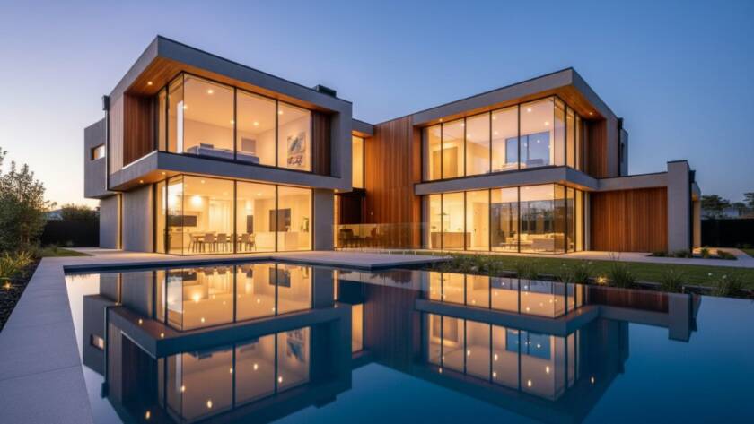 An epic, dramatically lit wide-angle photograph for Clyde North contemporary home architecture photography, showing a sleek modern home at twilight with warm interior lighting and sharp architectural lines under a colourful sky.