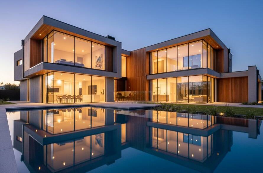 An epic, dramatically lit wide-angle photograph for Clyde North contemporary home architecture photography, showing a sleek modern home at twilight with warm interior lighting and sharp architectural lines under a colourful sky.