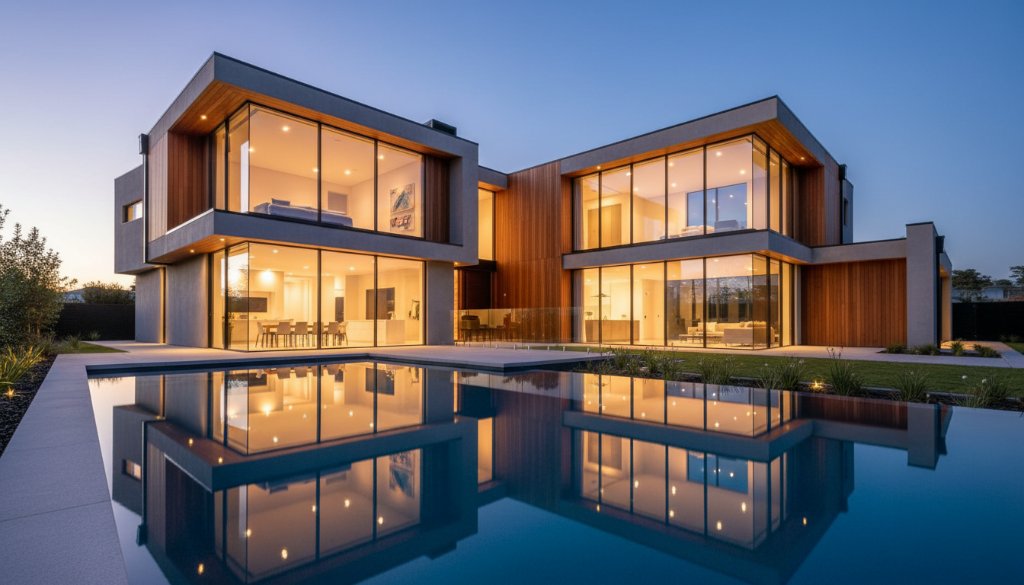 An epic, dramatically lit wide-angle photograph for Clyde North contemporary home architecture photography, showing a sleek modern home at twilight with warm interior lighting and sharp architectural lines under a colourful sky.