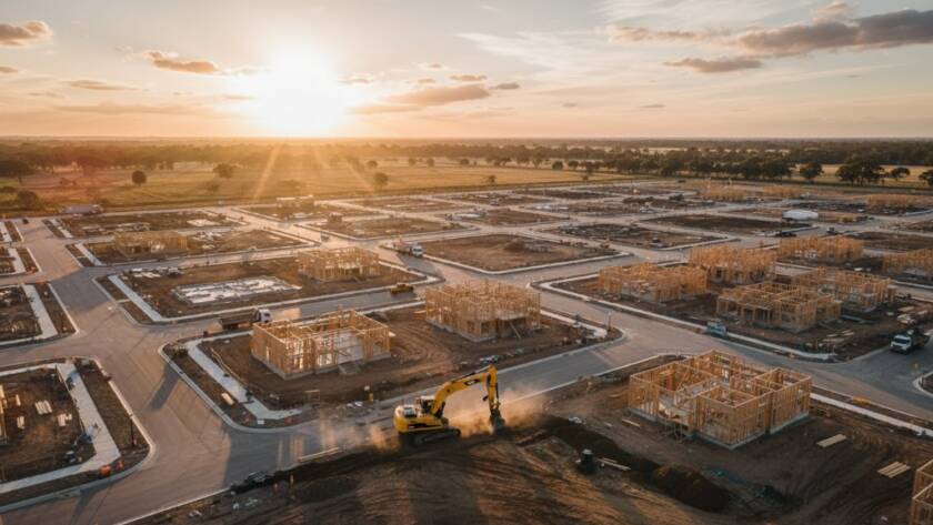 An epic aerial photograph showcasing Clyde North drone photography for modern land development, capturing a vast, developing residential estate under a dramatic sunrise, with construction machinery visible and new roads being laid out, professionally color-graded with cinematic lighting.