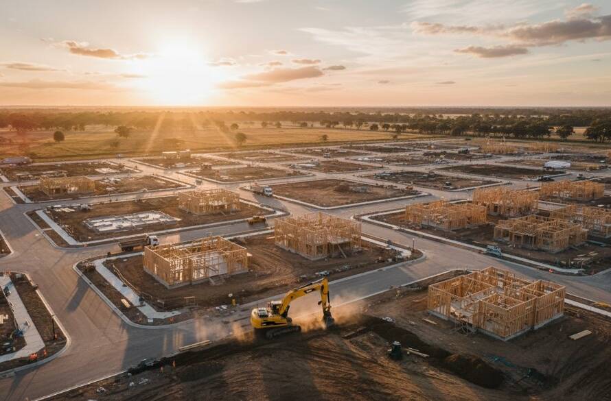 An epic aerial photograph showcasing Clyde North drone photography for modern land development, capturing a vast, developing residential estate under a dramatic sunrise, with construction machinery visible and new roads being laid out, professionally color-graded with cinematic lighting.