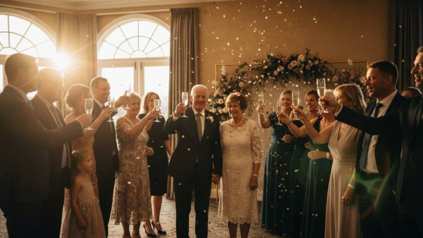 An ecstatic family celebrating a 50th wedding anniversary in a beautifully decorated function room in Clyde North, captured by professional Clyde North event photography for milestone celebrations, with golden hour light streaming through large windows, highlighting their joyous embrace.