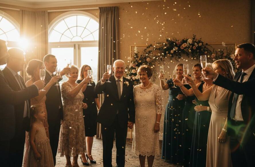 An ecstatic family celebrating a 50th wedding anniversary in a beautifully decorated function room in Clyde North, captured by professional Clyde North event photography for milestone celebrations, with golden hour light streaming through large windows, highlighting their joyous embrace.