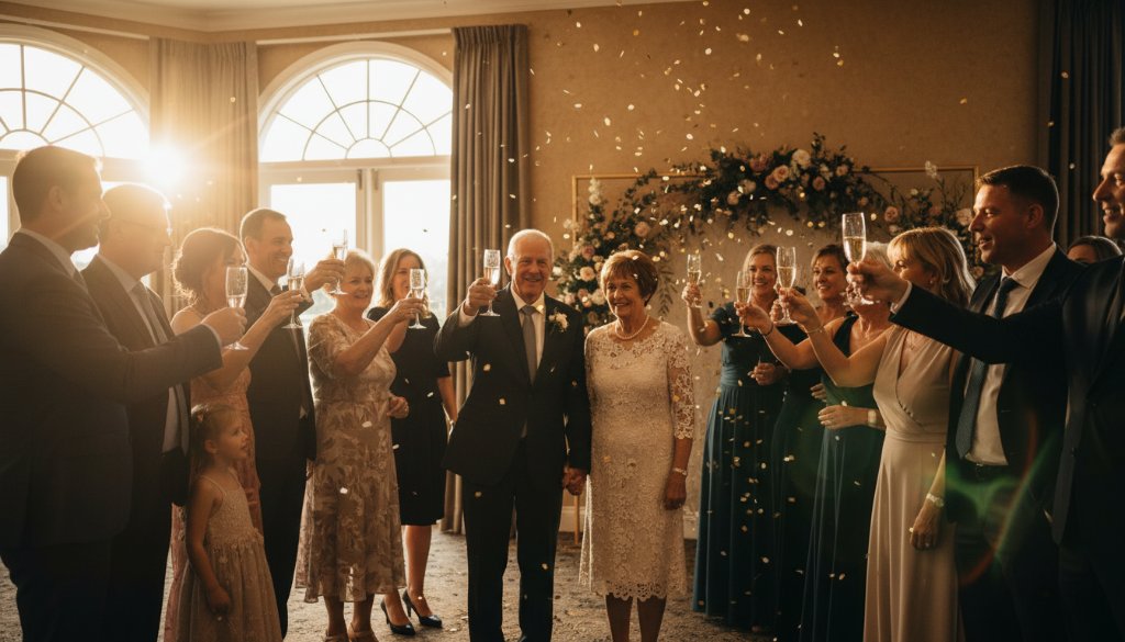 An ecstatic family celebrating a 50th wedding anniversary in a beautifully decorated function room in Clyde North, captured by professional Clyde North event photography for milestone celebrations, with golden hour light streaming through large windows, highlighting their joyous embrace.