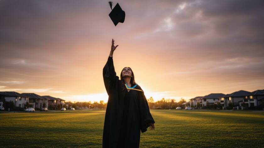 Epic moment photograph of a beaming university graduate in their cap and gown, joyfully tossing their mortarboard against a vibrant Clyde North sunset backdrop, showcasing professional Clyde North graduation photography capturing your success with dramatic backlighting and a wide, celebratory smile.