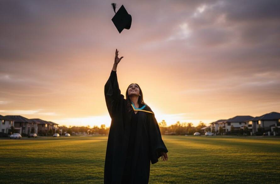 Epic moment photograph of a beaming university graduate in their cap and gown, joyfully tossing their mortarboard against a vibrant Clyde North sunset backdrop, showcasing professional Clyde North graduation photography capturing your success with dramatic backlighting and a wide, celebratory smile.