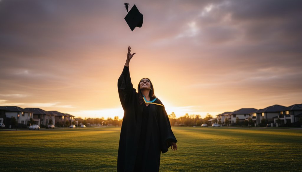 Epic moment photograph of a beaming university graduate in their cap and gown, joyfully tossing their mortarboard against a vibrant Clyde North sunset backdrop, showcasing professional Clyde North graduation photography capturing your success with dramatic backlighting and a wide, celebratory smile.