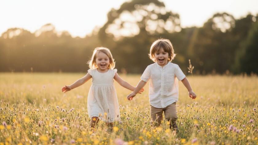 An epic and heartwarming scene of Clyde North kids photography candid moments, showing two children laughing joyfully amidst golden hour light in a local park, professionally colour graded.