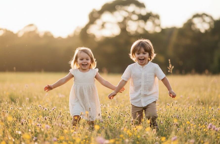 An epic and heartwarming scene of Clyde North kids photography candid moments, showing two children laughing joyfully amidst golden hour light in a local park, professionally colour graded.