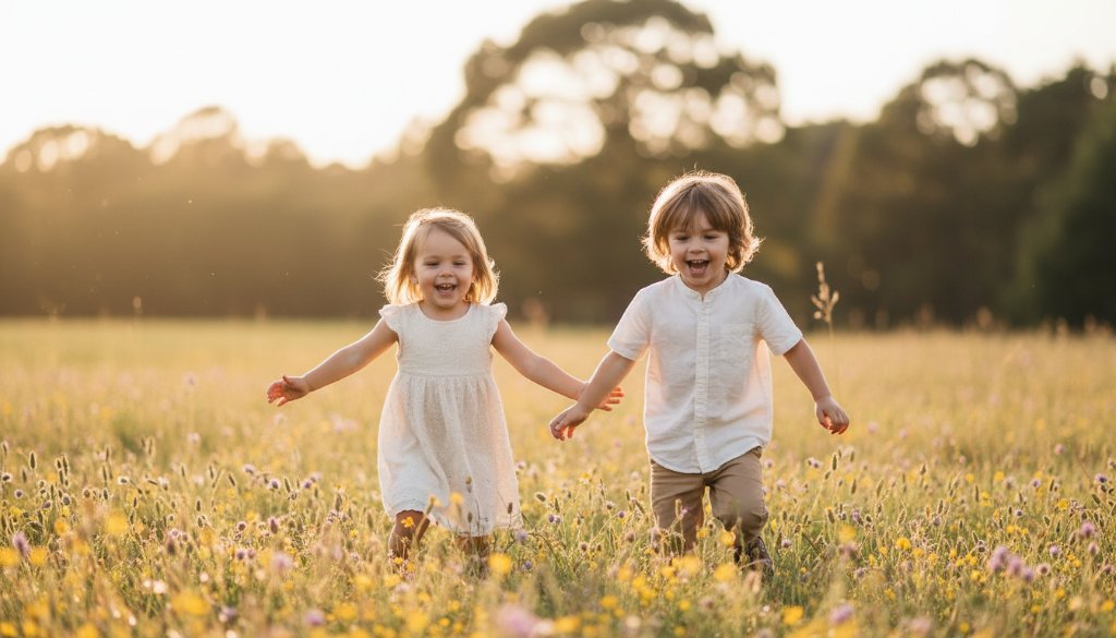 An epic and heartwarming scene of Clyde North kids photography candid moments, showing two children laughing joyfully amidst golden hour light in a local park, professionally colour graded.