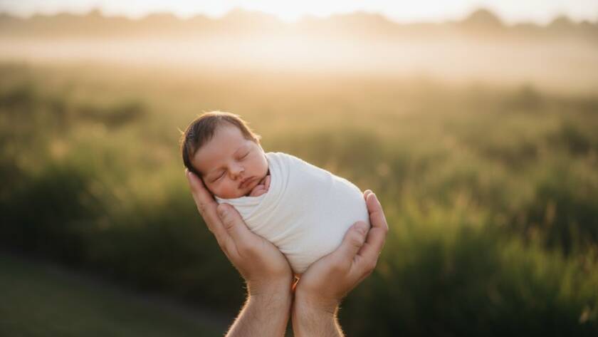 A heartwarming Clyde North newborn photography capturing precious family moments, showing a sleeping baby peacefully cradled in their parents' hands, bathed in soft golden hour light, set against a blurred background of the natural beauty of Clyde North, Victoria.
