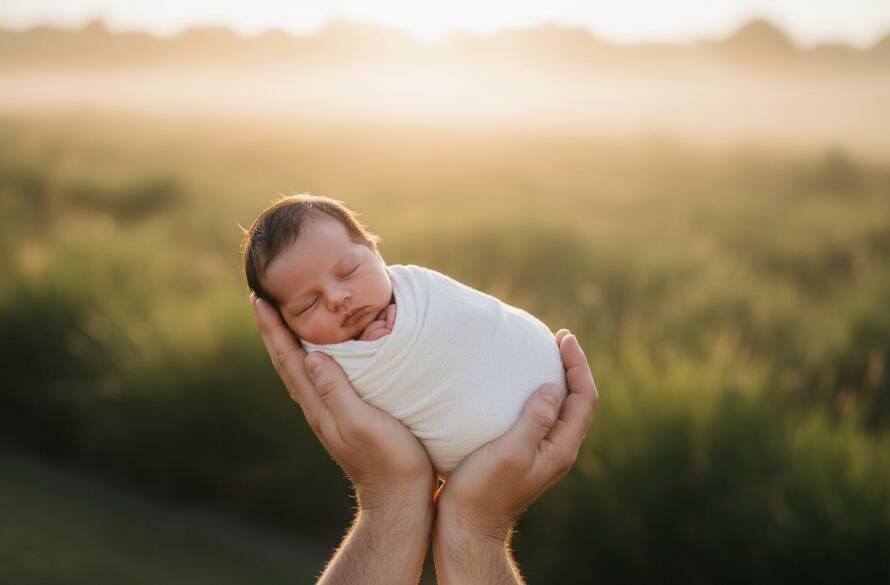 A heartwarming Clyde North newborn photography capturing precious family moments, showing a sleeping baby peacefully cradled in their parents' hands, bathed in soft golden hour light, set against a blurred background of the natural beauty of Clyde North, Victoria.