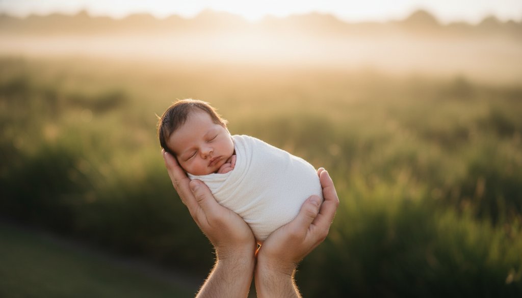 A heartwarming Clyde North newborn photography capturing precious family moments, showing a sleeping baby peacefully cradled in their parents' hands, bathed in soft golden hour light, set against a blurred background of the natural beauty of Clyde North, Victoria.