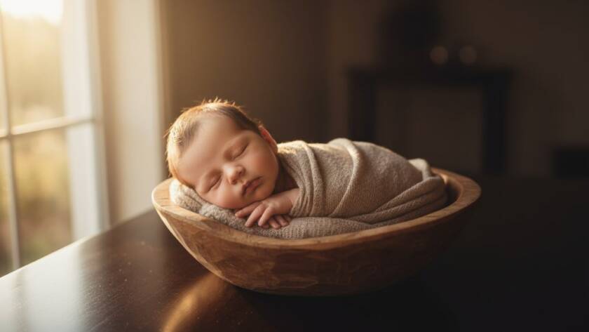 A serene, close-up, artistic portrait capturing a newborn baby's tiny hands gently curled, bathed in soft, ethereal light, epitomizing Clyde North Newborn Photography Memorable Art, with a shallow depth of field highlighting delicate details and professional colour grading.