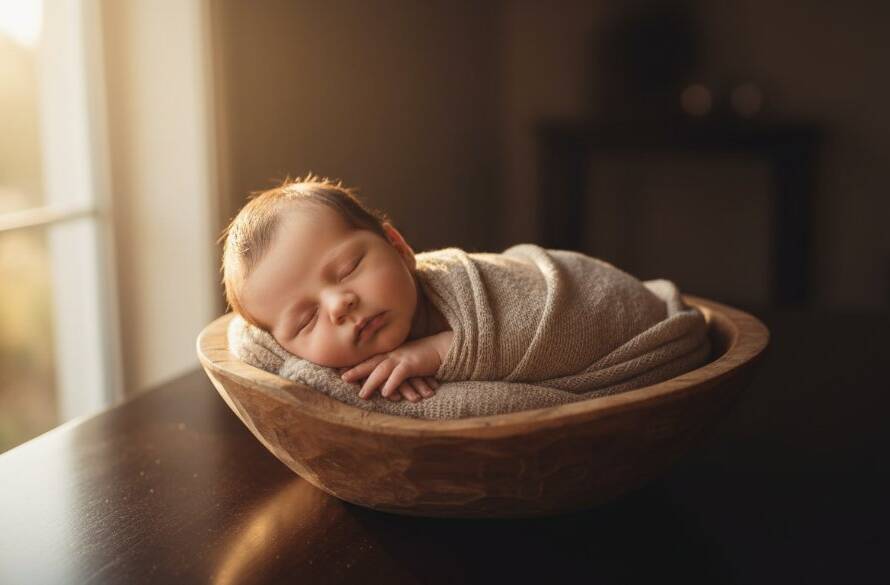A serene, close-up, artistic portrait capturing a newborn baby's tiny hands gently curled, bathed in soft, ethereal light, epitomizing Clyde North Newborn Photography Memorable Art, with a shallow depth of field highlighting delicate details and professional colour grading.