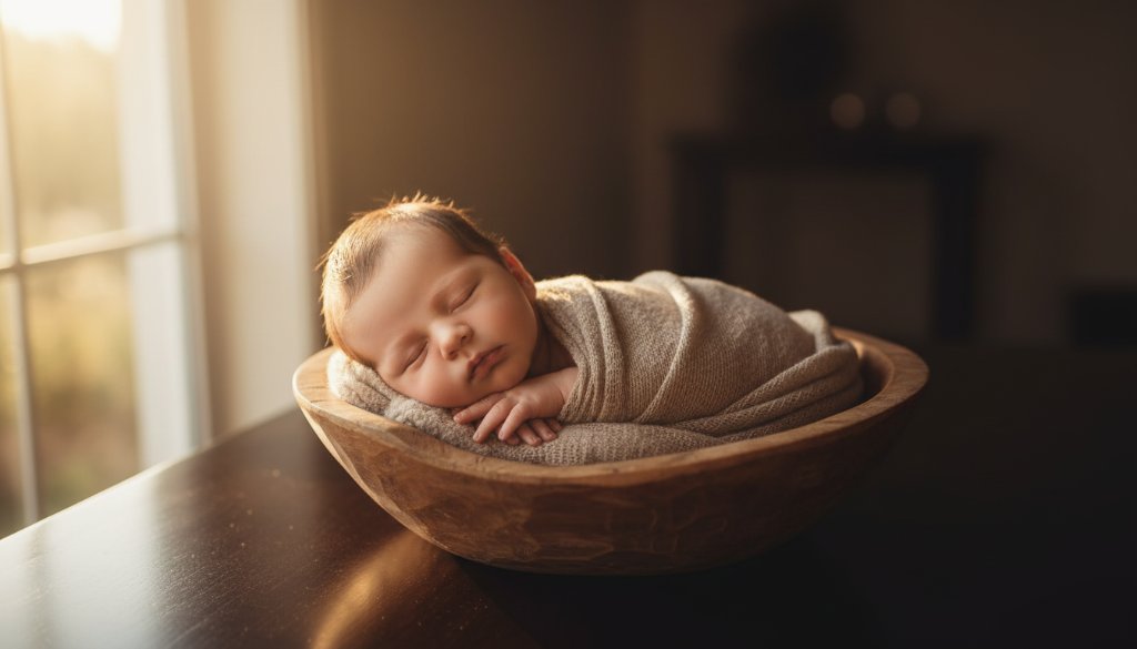 A serene, close-up, artistic portrait capturing a newborn baby's tiny hands gently curled, bathed in soft, ethereal light, epitomizing Clyde North Newborn Photography Memorable Art, with a shallow depth of field highlighting delicate details and professional colour grading.