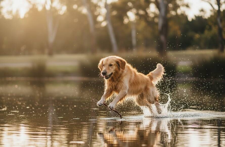 A golden retriever dog mid-leap, joyfully catching a tennis ball in a sun-drenched park in Clyde North, professionally captured in an epic moment of Clyde North pet photography capturing joyous moments.