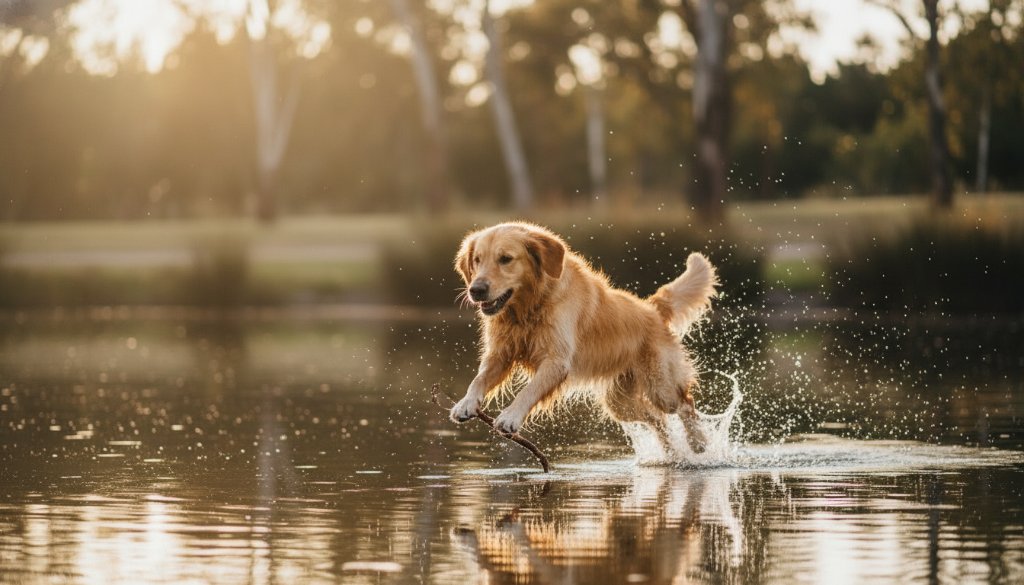 A golden retriever dog mid-leap, joyfully catching a tennis ball in a sun-drenched park in Clyde North, professionally captured in an epic moment of Clyde North pet photography capturing joyous moments.