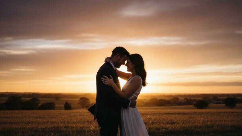 An epic moment capture of a couple embracing amidst a golden sunset at one of Clyde North pre-wedding photoshoot locations, featuring dramatic lighting and professional colour grading.