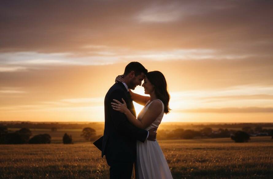 An epic moment capture of a couple embracing amidst a golden sunset at one of Clyde North pre-wedding photoshoot locations, featuring dramatic lighting and professional colour grading.