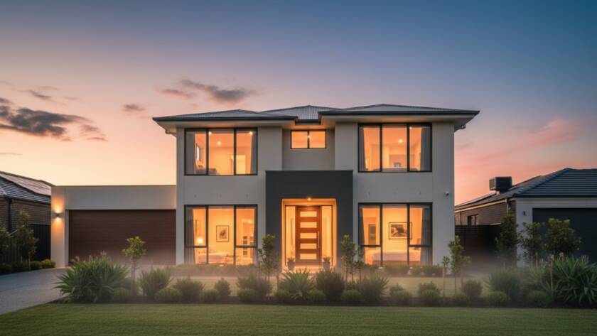 A stunning wide-angle shot of a modern, architecturally designed family home in Clyde North, bathed in the golden hour sunlight, with lush green landscaping in the foreground. This professional Clyde North Real Estate Photography captures an epic moment of ideal suburban living, showcasing the property's premium appeal.