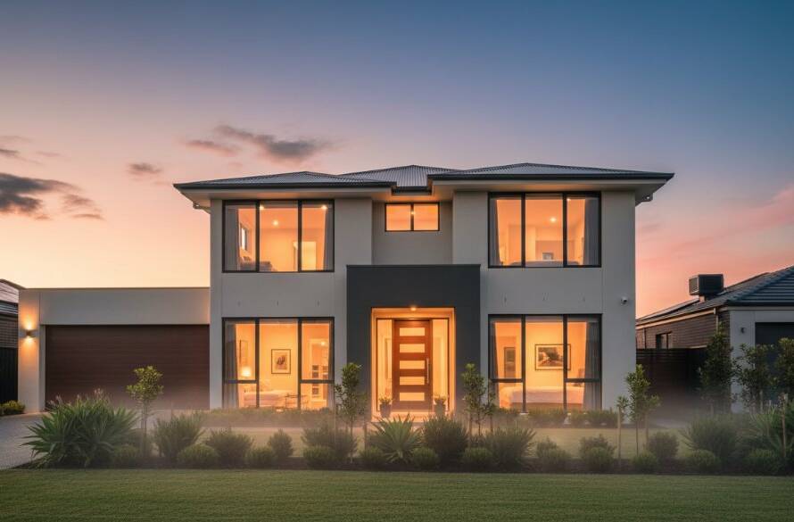 A stunning wide-angle shot of a modern, architecturally designed family home in Clyde North, bathed in the golden hour sunlight, with lush green landscaping in the foreground. This professional Clyde North Real Estate Photography captures an epic moment of ideal suburban living, showcasing the property's premium appeal.