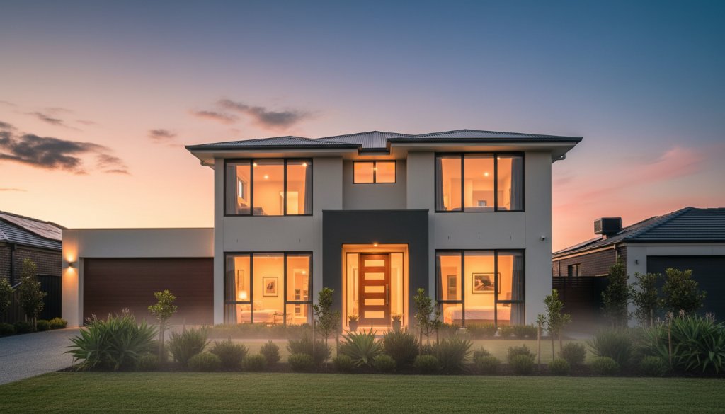A stunning wide-angle shot of a modern, architecturally designed family home in Clyde North, bathed in the golden hour sunlight, with lush green landscaping in the foreground. This professional Clyde North Real Estate Photography captures an epic moment of ideal suburban living, showcasing the property's premium appeal.
