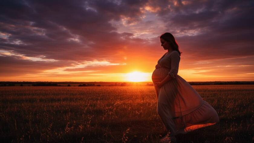 A stunning, professionally lit and colour-graded photograph showcasing a pregnant woman at sunset, capturing a Clyde North serene outdoor maternity photoshoot amidst golden fields, an epic moment of natural beauty and expectant joy.