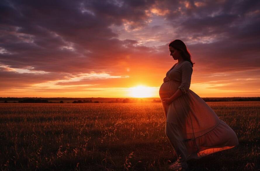 A stunning, professionally lit and colour-graded photograph showcasing a pregnant woman at sunset, capturing a Clyde North serene outdoor maternity photoshoot amidst golden fields, an epic moment of natural beauty and expectant joy.
