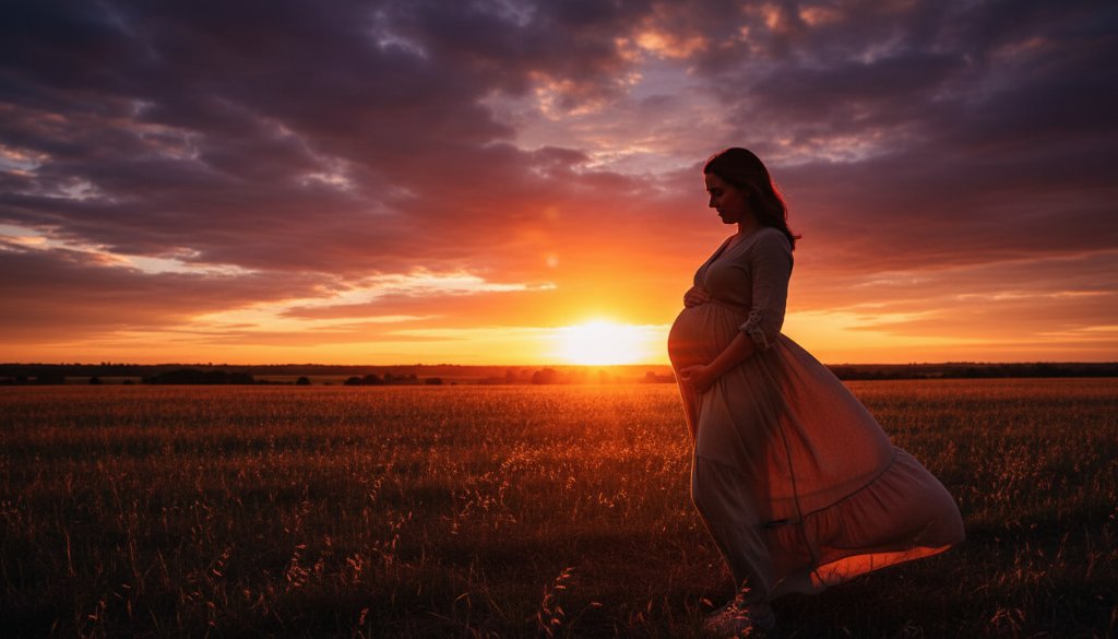 A stunning, professionally lit and colour-graded photograph showcasing a pregnant woman at sunset, capturing a Clyde North serene outdoor maternity photoshoot amidst golden fields, an epic moment of natural beauty and expectant joy.