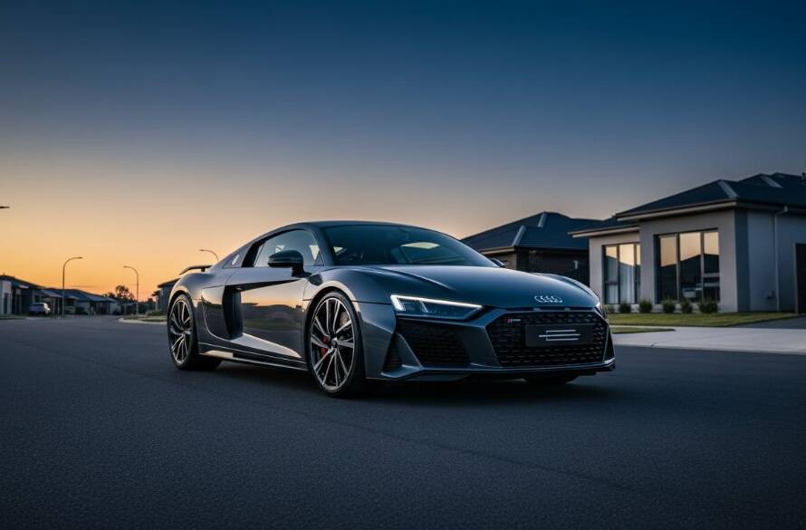 A custom-built, sleek sports car, perfectly illuminated by the dramatic golden hour and deep blue twilight sky in Clyde North, captured with dynamic motion blur during an expert Clyde North twilight sports car photography session, showcasing its powerful lines against a modern suburban backdrop.